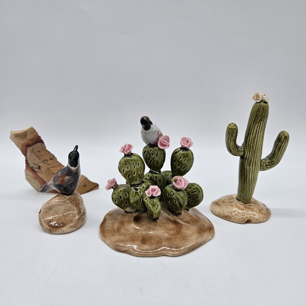 Southwestern Clay Pottery Handmade Figurines Quail Cactus Desert Signed 4 Pieces